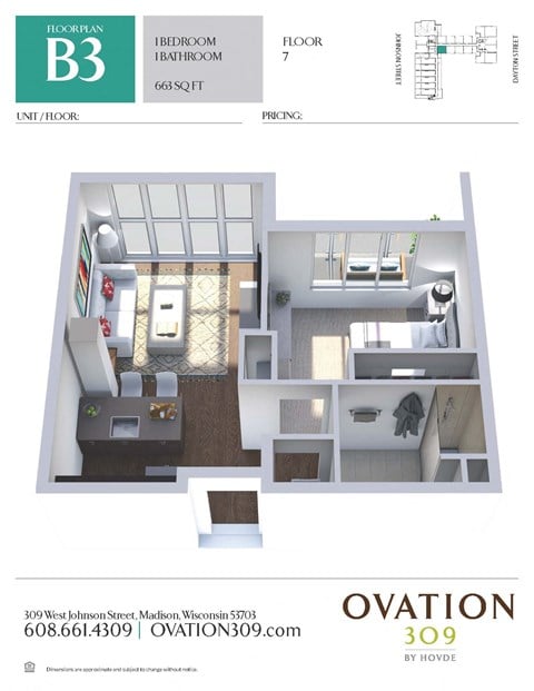 Floor plan for 1 bed, 1 bath, 663 sqft